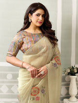 Beige Swarovski radiance organza tissue women saree