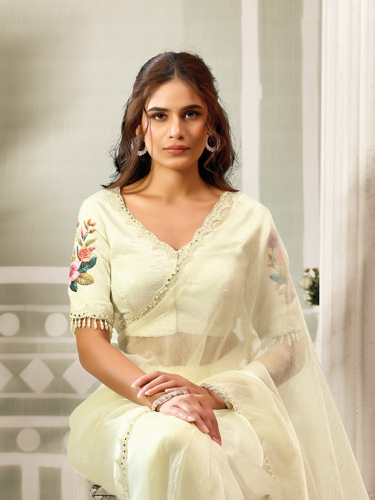 Lime yellow mirror charm organza satin women saree