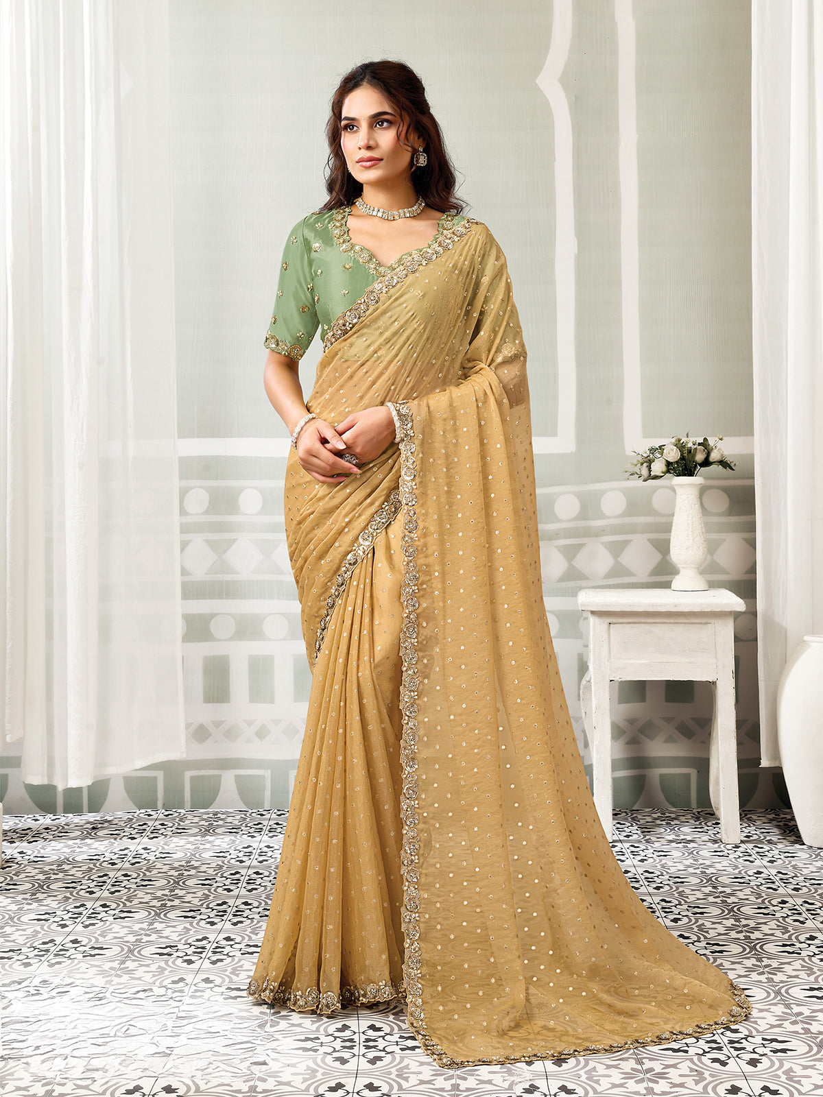 Dark beige pearl embellished georgette jacquard women saree