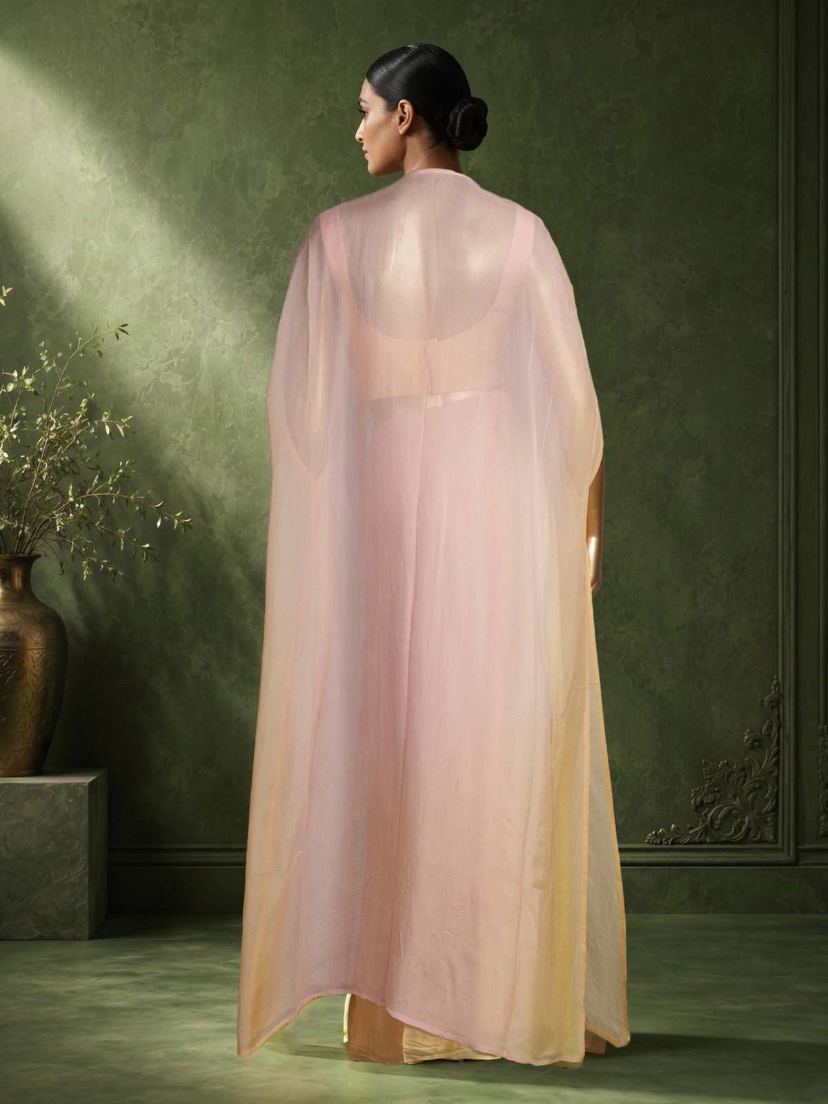 Pink satin crepe Indo-Western suit with embellished shrug