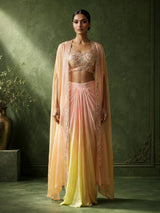 Pink satin crepe Indo-Western suit with embellished shrug