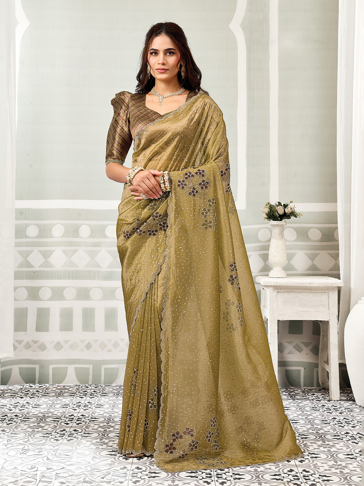 Mehendi green Swarovski handprint tissue satin women saree