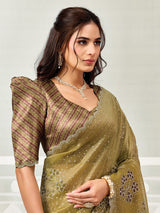 Mehendi green Swarovski handprint tissue satin women saree