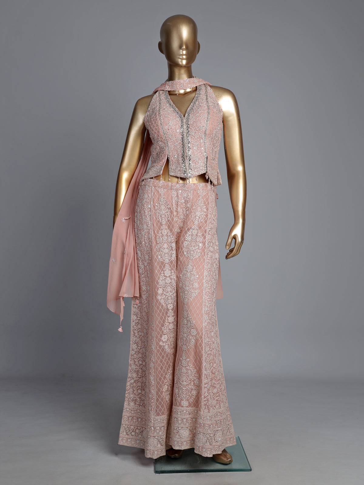 Light peach georgette palazzo suit with mirror and zardosi work