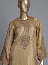 Gold brocade silk sharara suit with zardosi and zari work