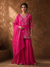 Rani pink chanderi silk palazzo suit with gota detailing