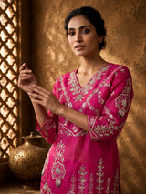 Rani pink chanderi silk palazzo suit with gota detailing