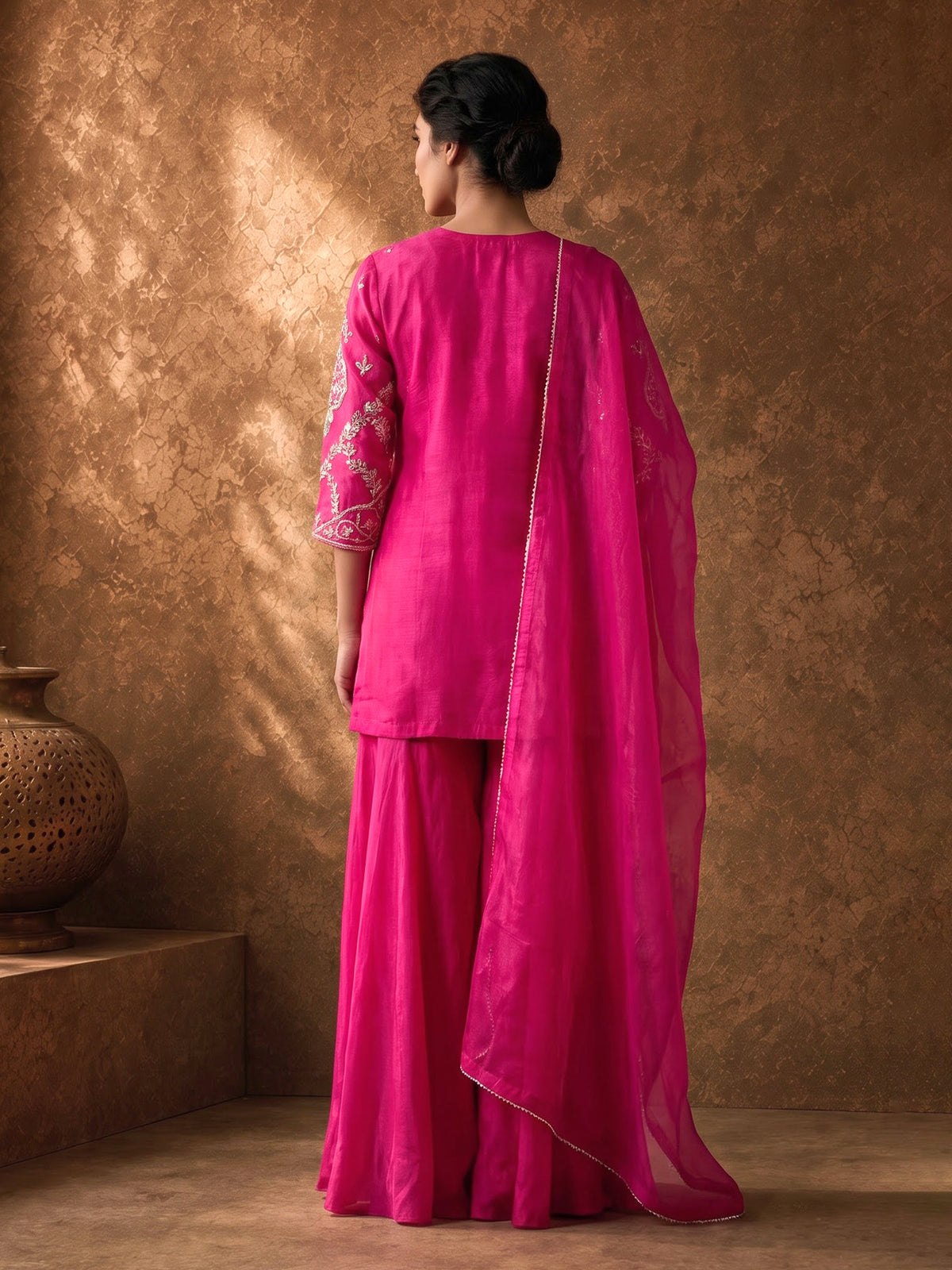 Rani pink chanderi silk palazzo suit with gota detailing