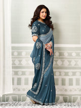 Rama blue shaded artistry satin silk women saree
