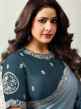 Rama blue shaded artistry satin silk women saree