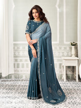 Rama blue shaded artistry satin silk women saree