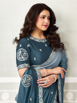 Rama blue shaded artistry satin silk women saree
