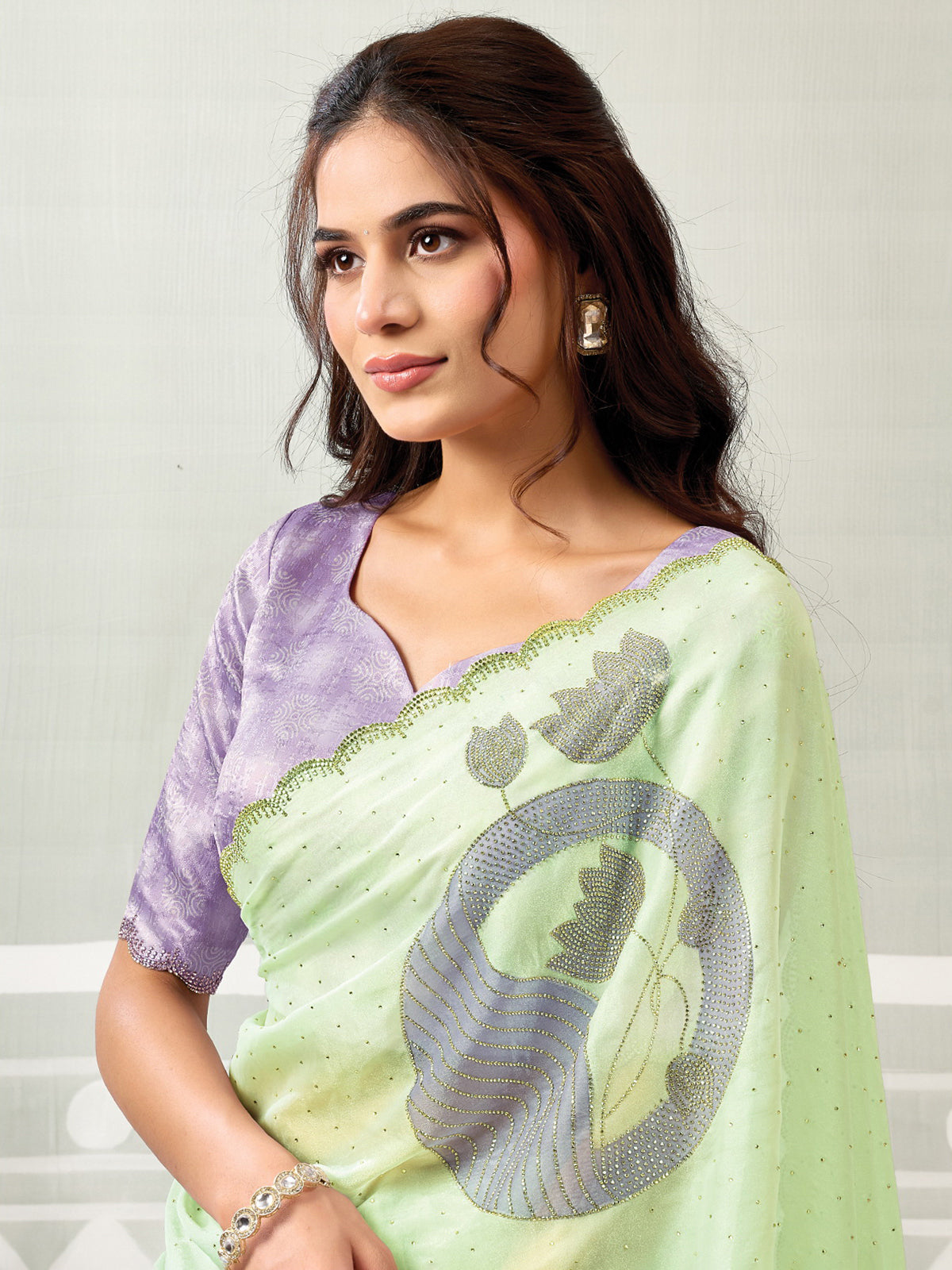 Green purple dual shade organza satin women saree