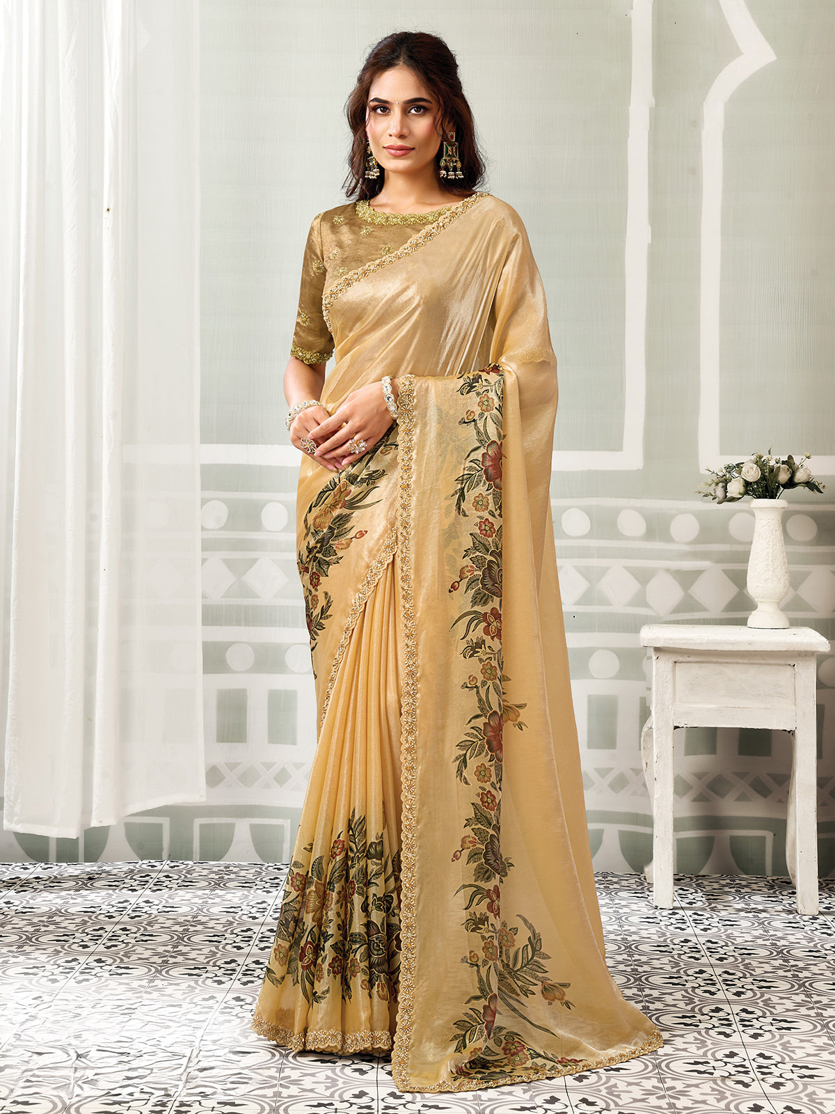 Pastel beige cutdana detailing satin silk women saree