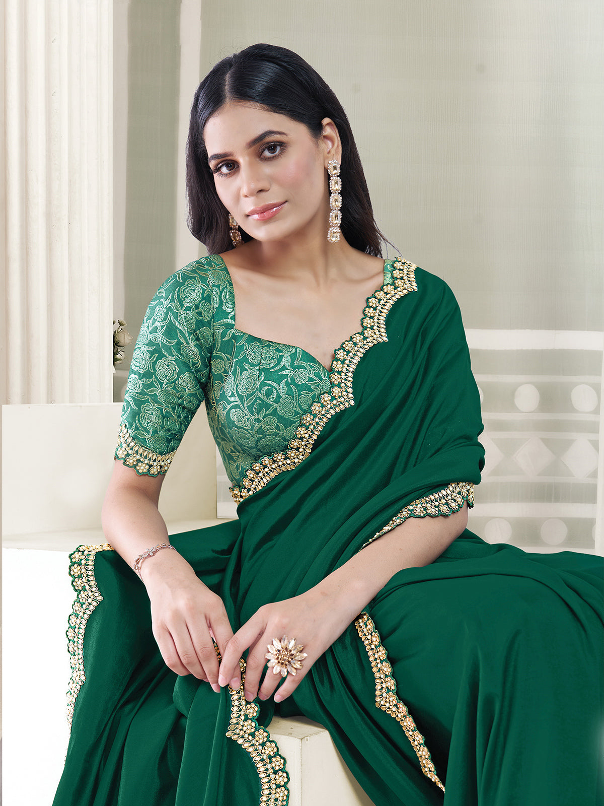 Green resham zardosi accents crepe silk women saree