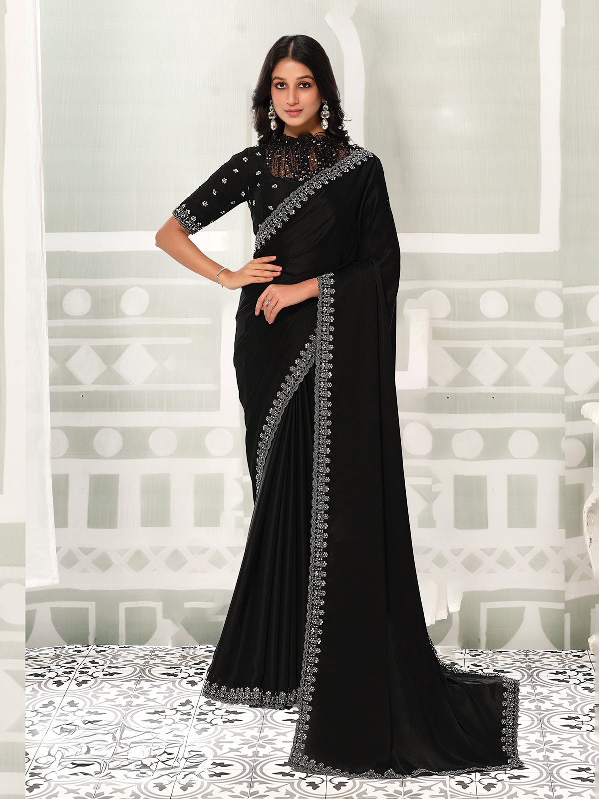 Black resham shimmer crepe silk women saree