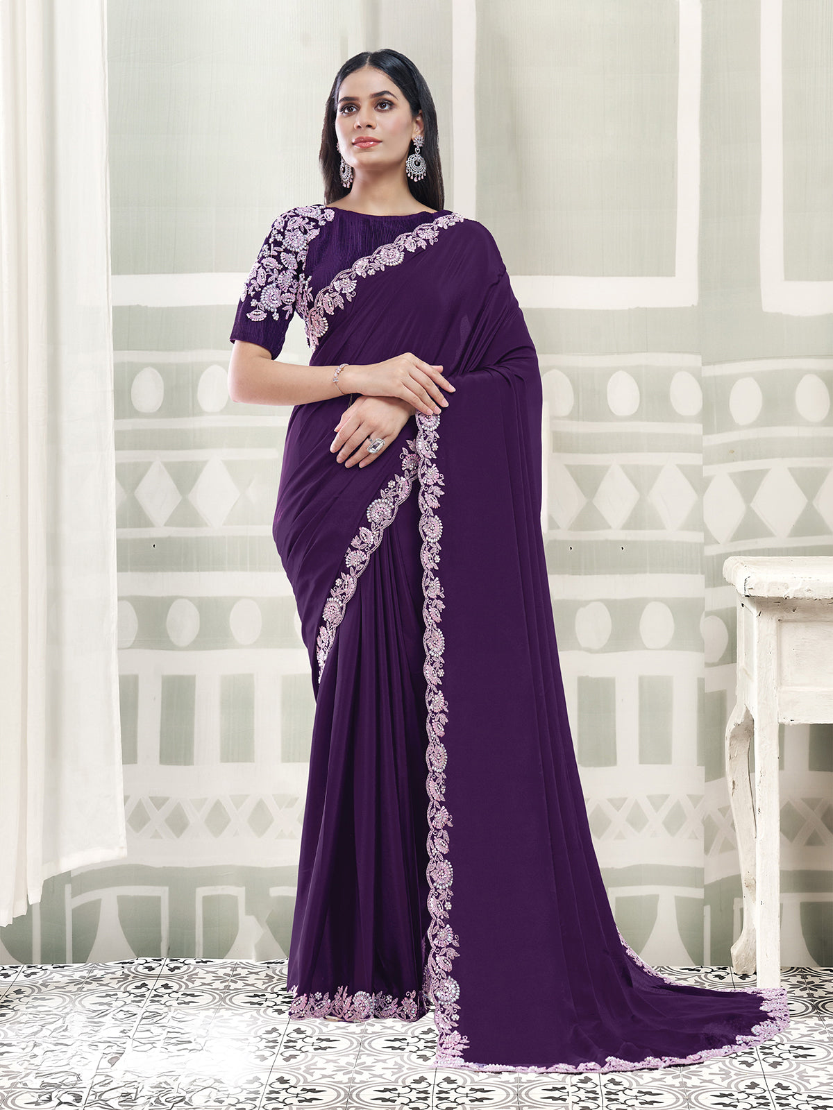 Purple ornamental sparkle crepe silk women saree