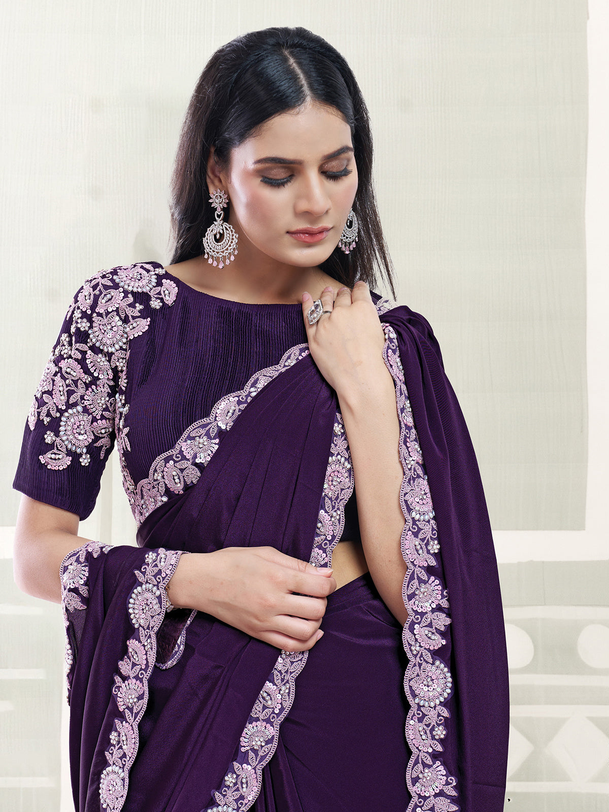 Purple ornamental sparkle crepe silk women saree