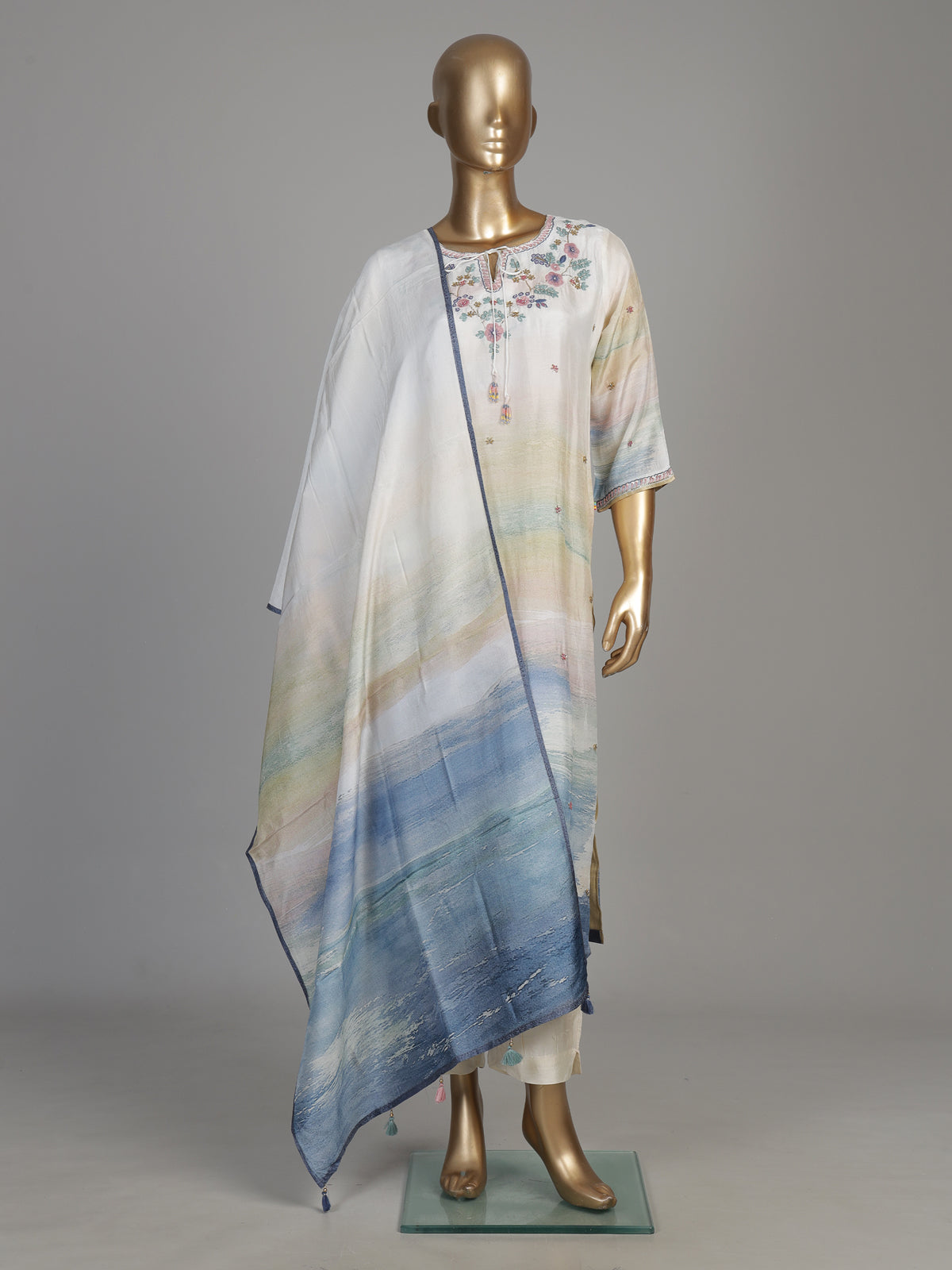 Beige watercolor bloom women kurta set
