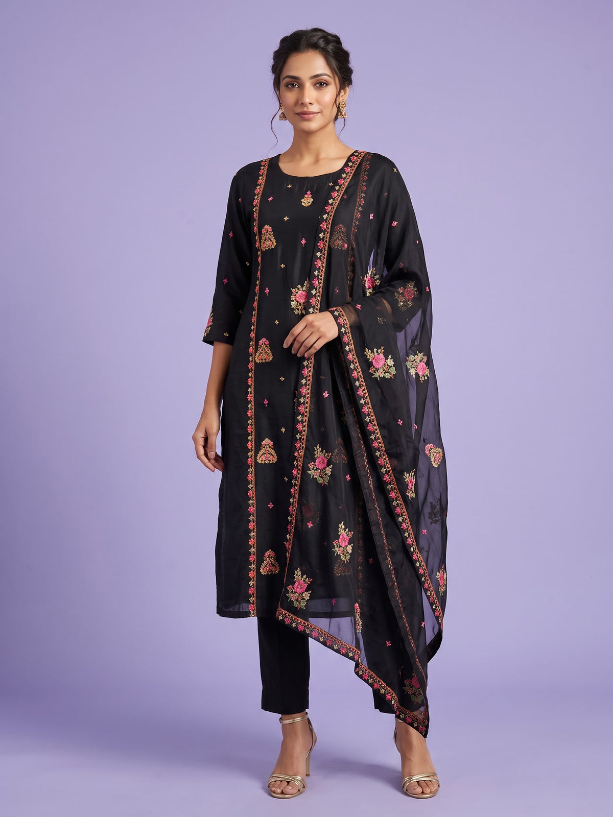 Black silk kurti set with floral sequin accents