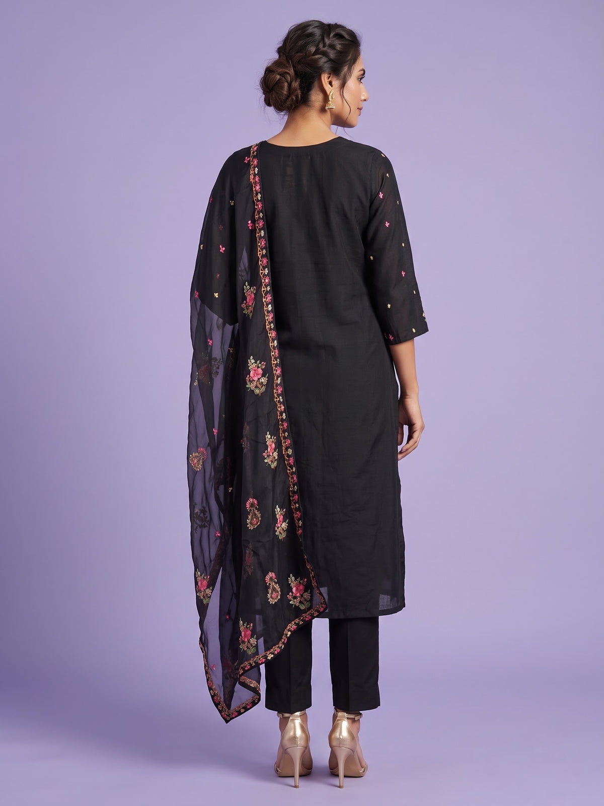 Black silk kurti set with floral sequin accents