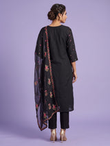 Black silk kurti set with floral sequin accents