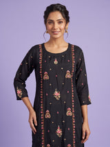 Black silk kurti set with floral sequin accents