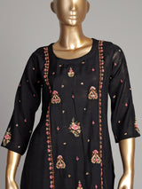 Black silk kurti set with floral sequin accents