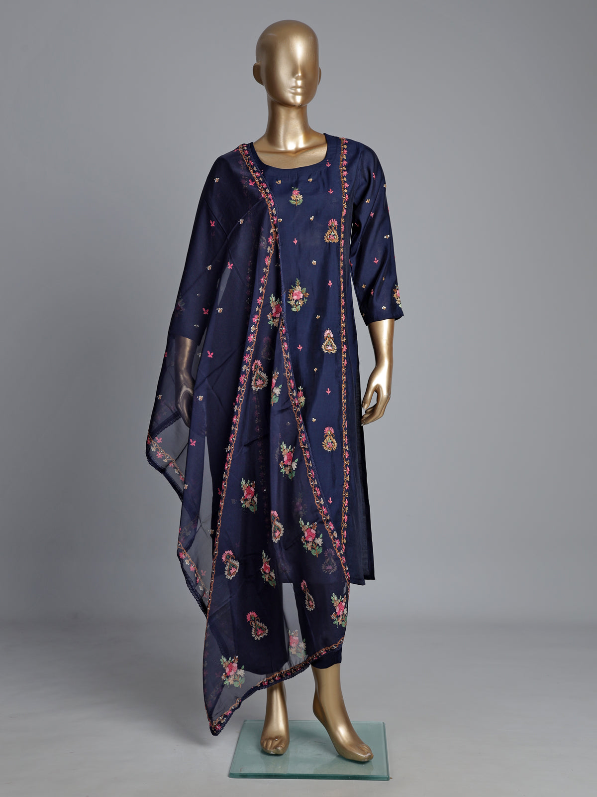 Navy blue silk kurti set with floral embroidery