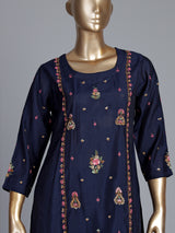 Navy blue silk kurti set with floral embroidery