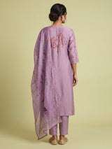 Lavender purple tussar silk kurti set with floral embellishments