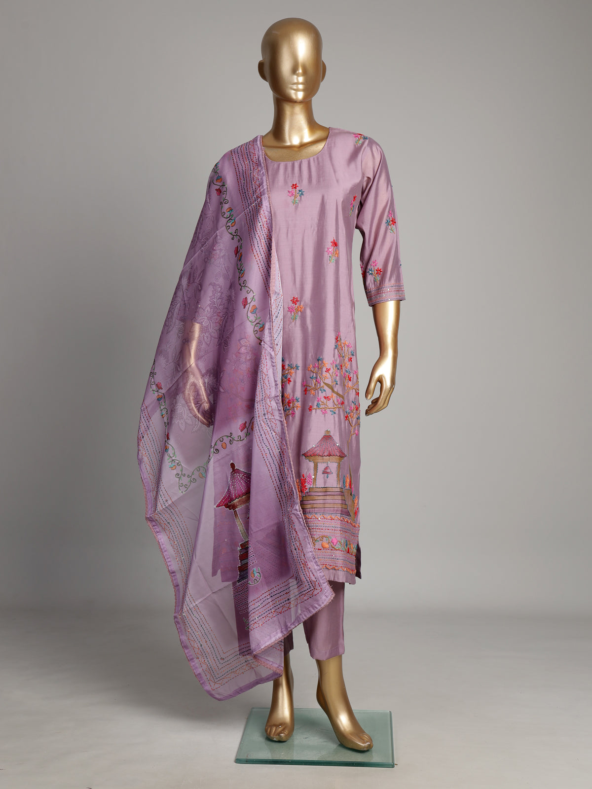 Lavender purple tussar silk kurti set with floral embellishments