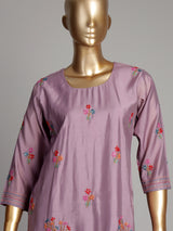 Lavender purple tussar silk kurti set with floral embellishments