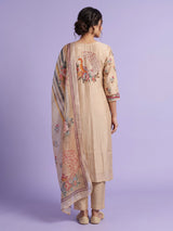 Beige tussar silk kurti set with floral embroidery
