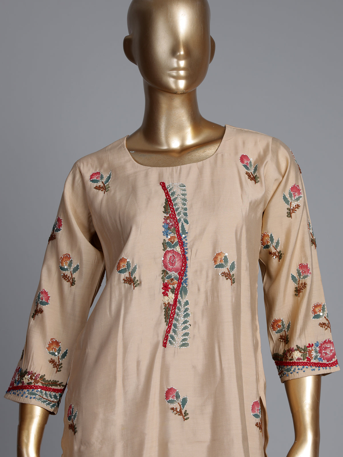 Beige tussar silk kurti set with floral embroidery