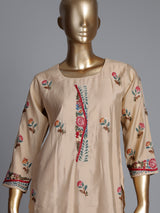 Beige tussar silk kurti set with floral embroidery