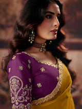 Mustard yellow floral organza women saree