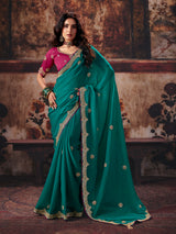 Teal green floral modal silk women saree