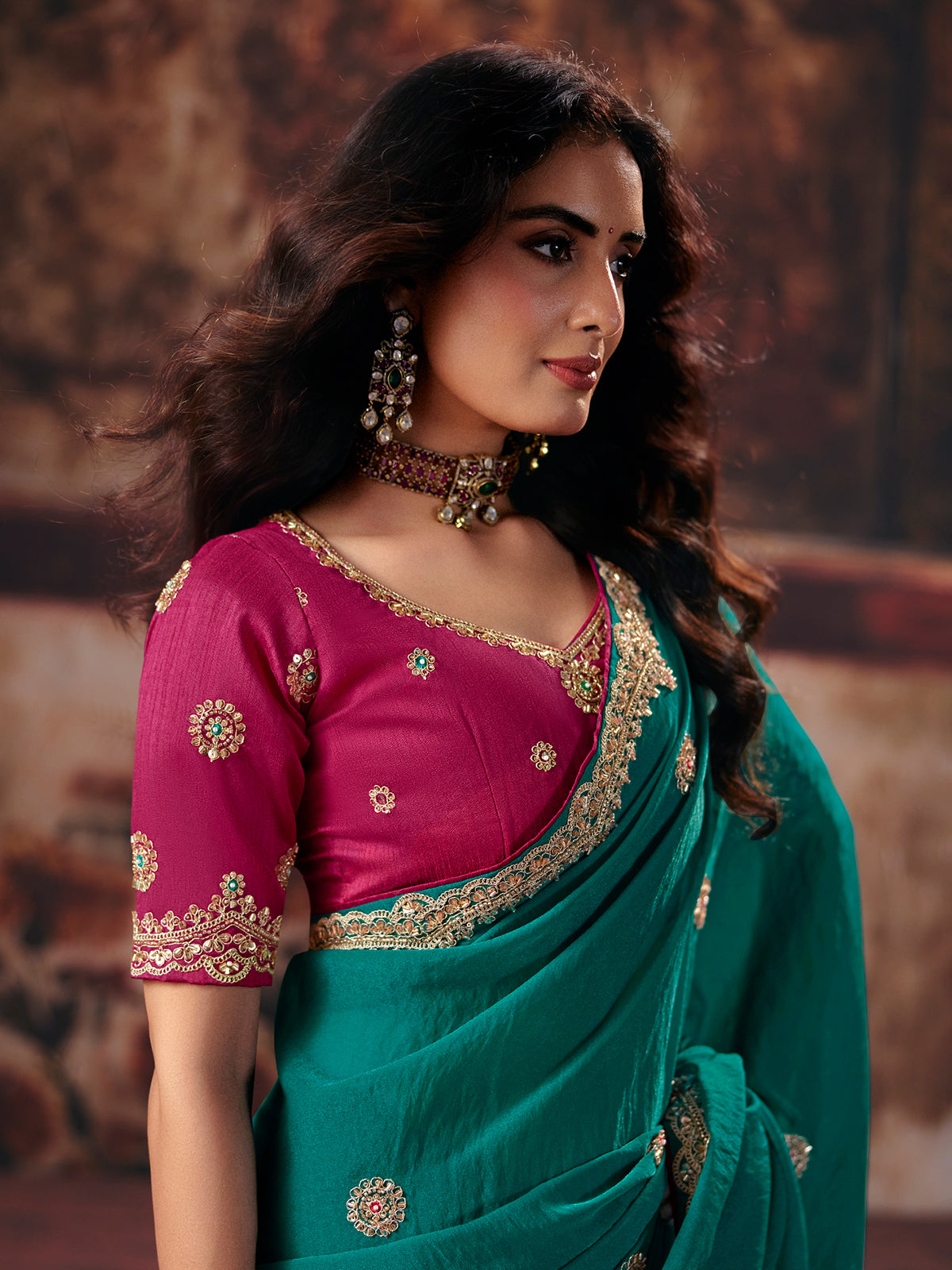 Teal green floral modal silk women saree