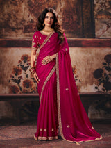 Magenta pink floral fendy satin women saree