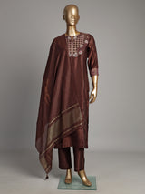 Brown silk kurti set with threadwork and sequins