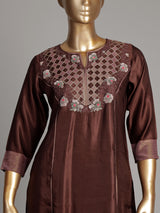 Brown silk kurti set with threadwork and sequins