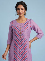 Lavender purple tussar silk kurti set with mirror embellishments