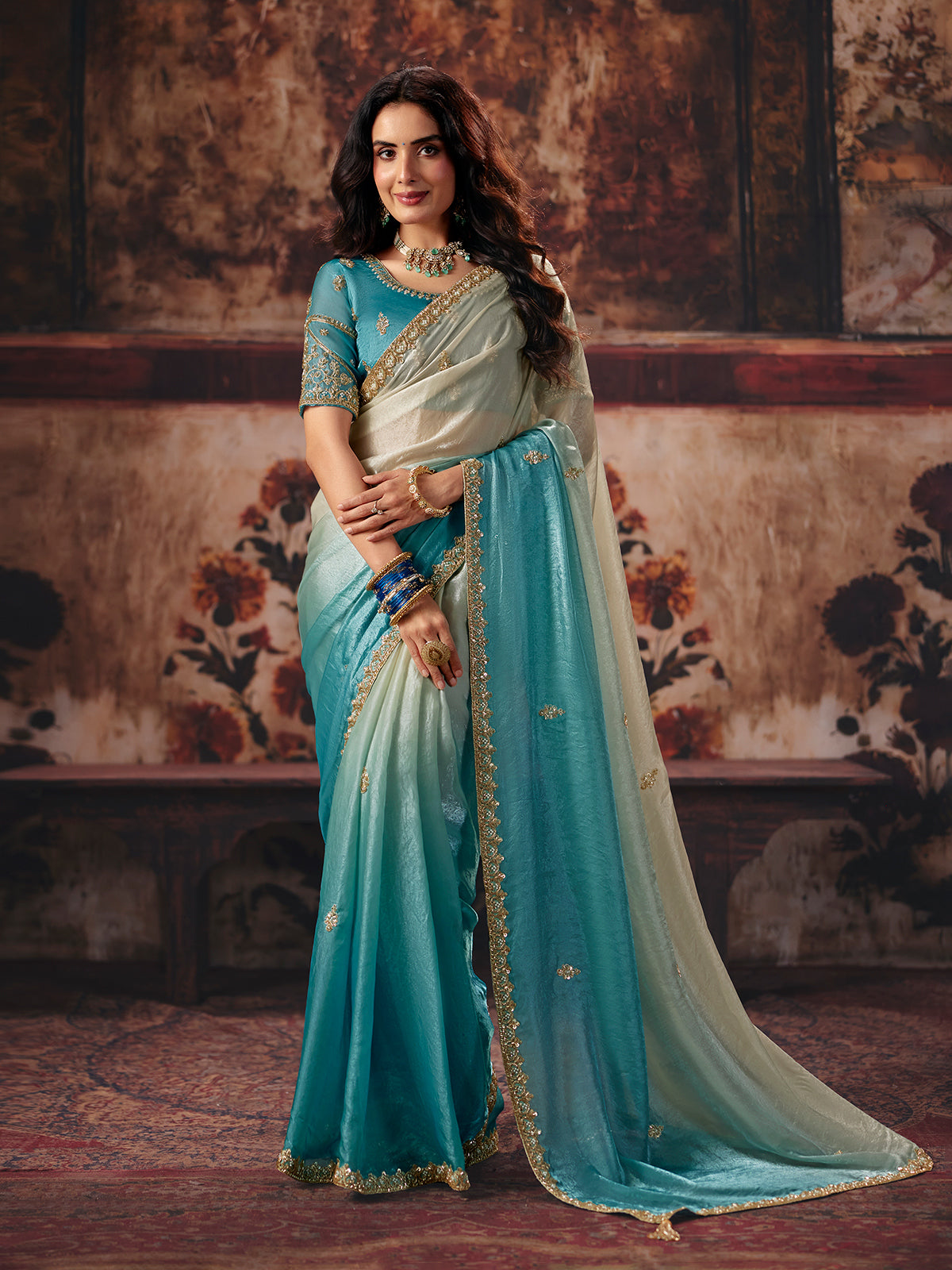 Blue cream shaded fendy satin women saree