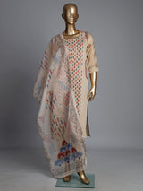 Beige tussar silk kurti set with mirror work