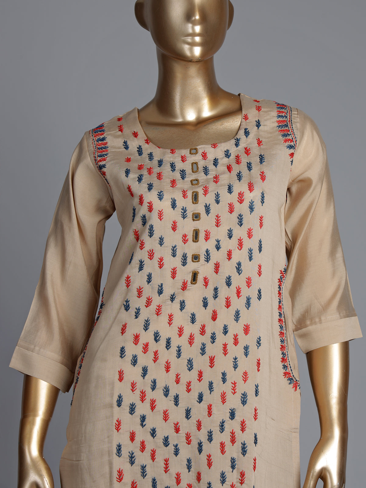 Beige tussar silk kurti set with mirror work
