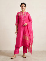 Rani pink silk kurti set with sequin detailing