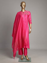 Rani pink silk kurti set with sequin detailing