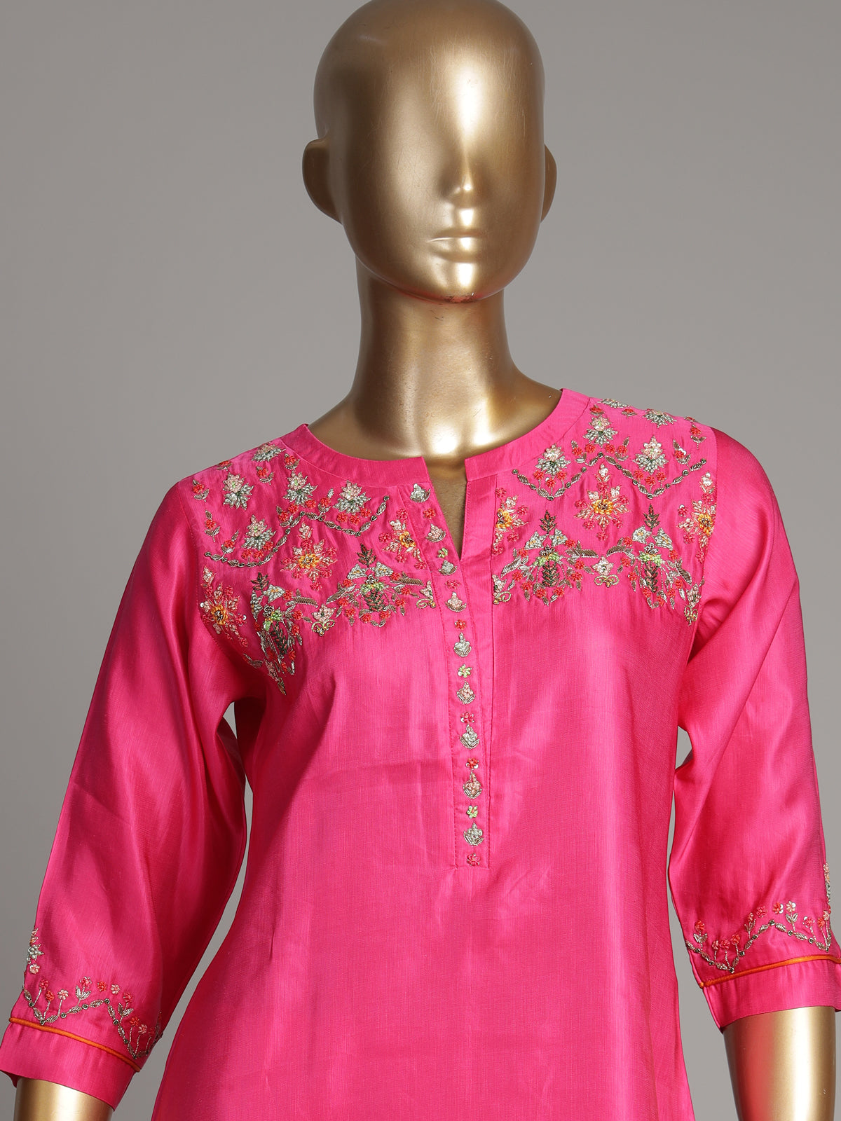 Rani pink silk kurti set with sequin detailing