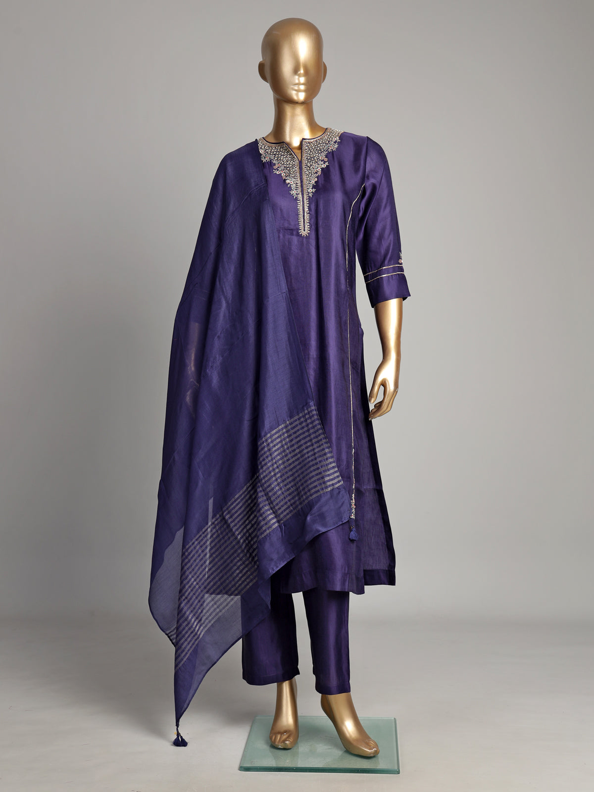 Navy blue silk kurti set with zardosi embellishments
